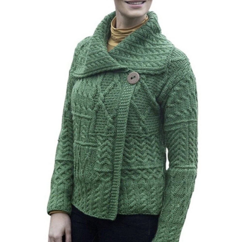 Aran Crafts Patchwork 1 Button Collar Cardigan Green “Kiwi” Women’s Large